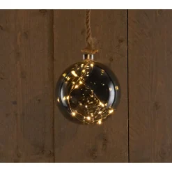 Anna's Collection Kerstlamp Bol Aan Touw - Kerstverlichting - Ø15 cm Warm Wit Antraciet 10 led Werkt Op Batterijen