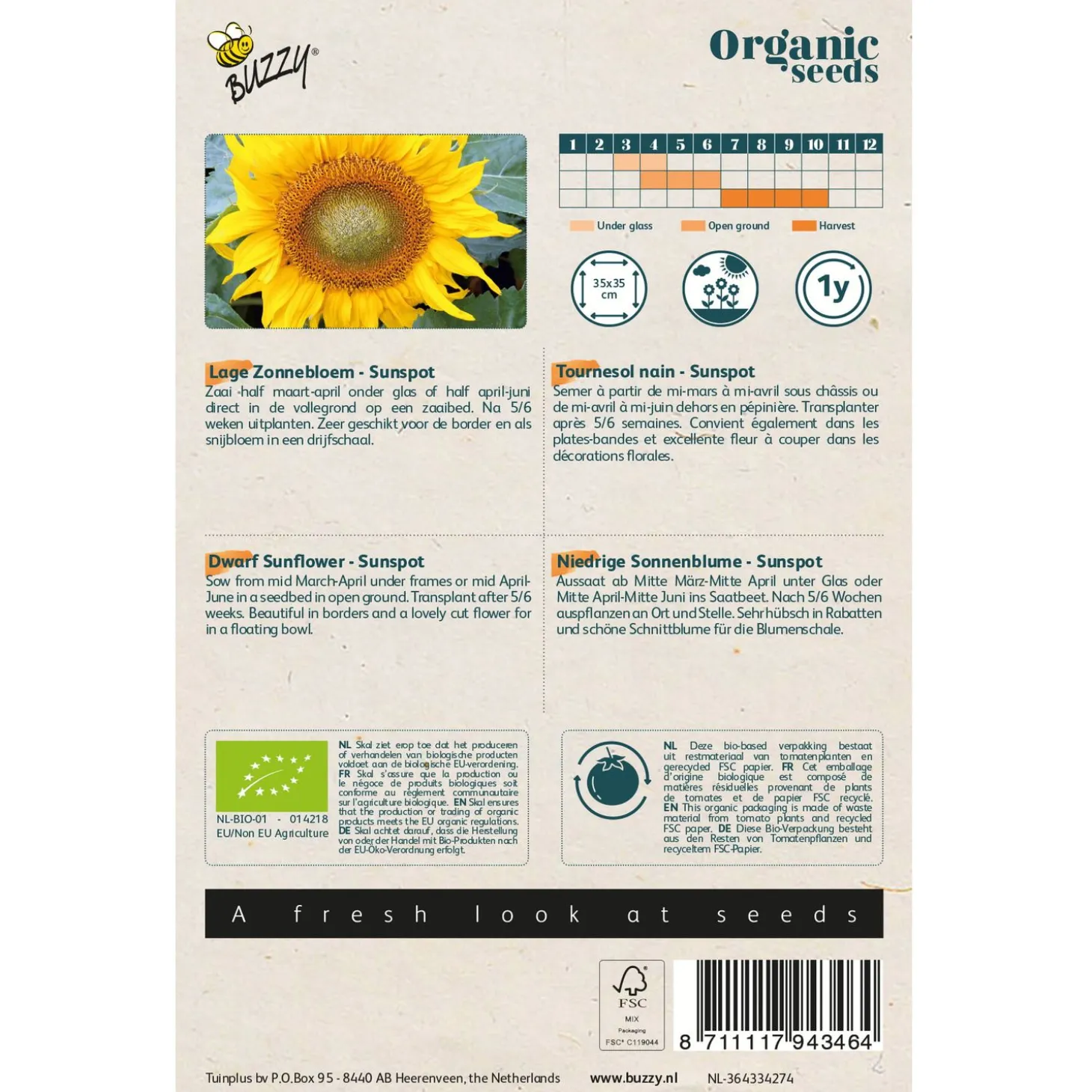 Buzzy Organic Helianthus - Lage Zonnebloem Sunspot - Bio - Bloemenzaden - 3 g