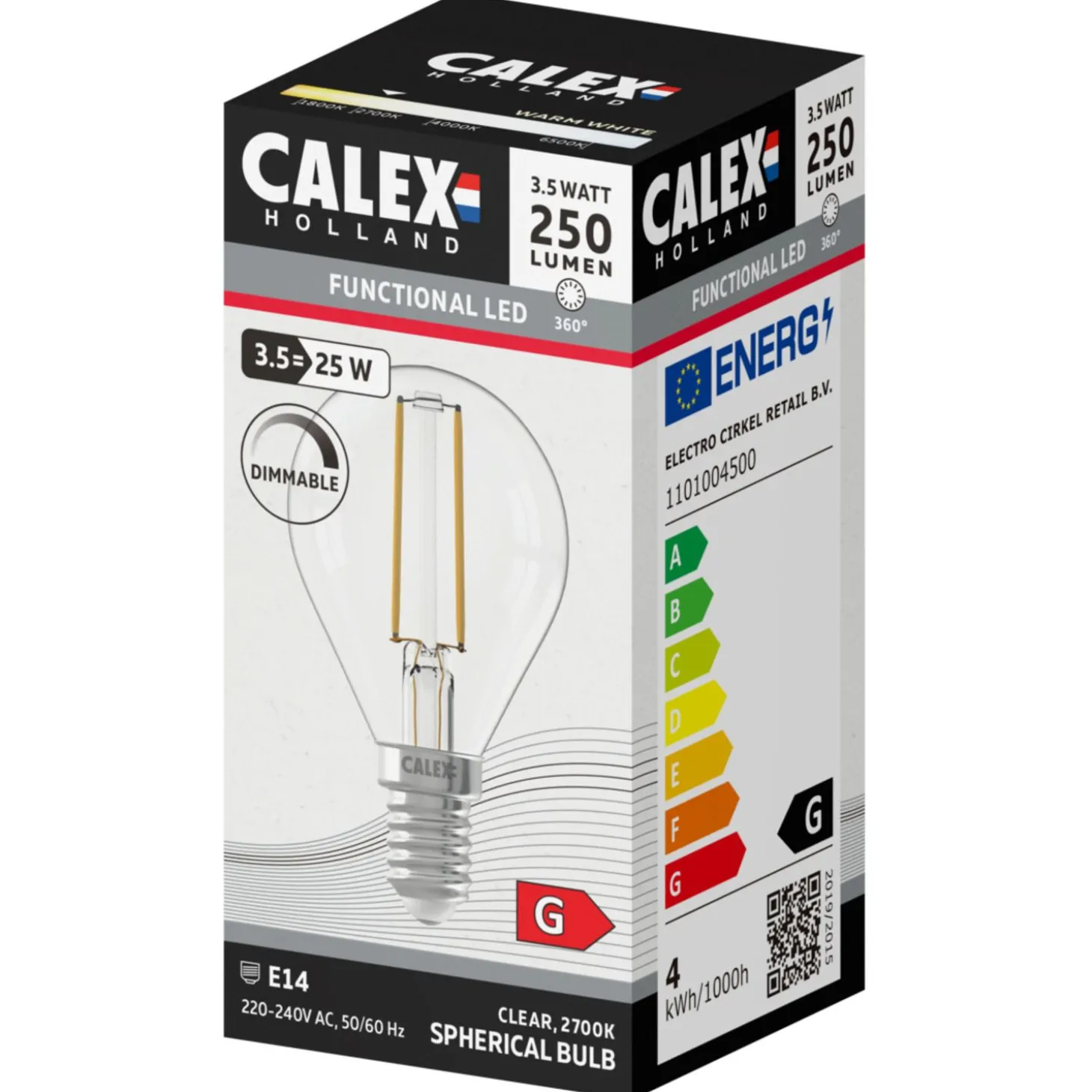 Calex Led Kogel Helder Straight Filament E14 3.5w 250lm - Lichtbron - 1 stuk