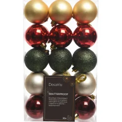 Decoris Kerstballen Mix - Kerstboomversiering - Ø6 cm Goud Groen Rood 30 stuks 5 Assortiment