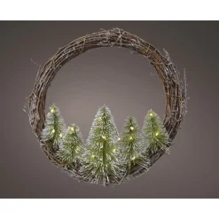 Everlands Wilgenkrans Met Boompjes - Kerstversiering - Ø24 cm Warm Wit 15 led