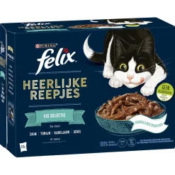 Felix Maaltijdzakjes Heerlijke Reepjes Vis Selectie Box - Kattenvoer - Zalm Tonijn Kabeljauw 12x85 g