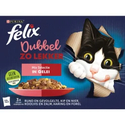 Felix Multipack Dubbel Zo Lekker Mix Selectie Gelei - Kattenvoer - Rund Kip Koolvis 12x85 g