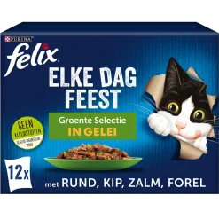 Felix Multipack Elke Dag Feest Groente Selectie In Gelei - Kattenvoer - Rund Kip Zalm 12x85 g