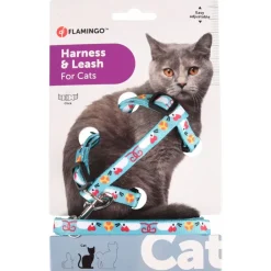 Flamingo Kattenharnas + Lijn Arwen - Kattentuigje - Blauw Print 20-35cm 10mm