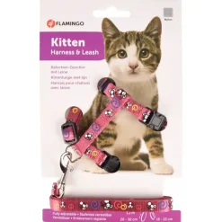 Flamingo Kittenharnas + Lijn Topo Muismotief - Kattentuigje - Paars Print 20-35cm 10mm