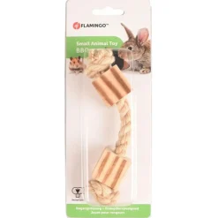 Flamingo Knaagdierspeelgoed Bbq Hout Met Touw En Kubus - Speelgoed - 16x3x3 cm Natural Bruin