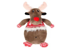 Homestyle Kerst Rendier Knuffel - Hondenspeelgoed - 27x22 cm Bruin Rood Wit Kerst