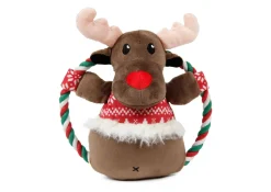Homestyle Kerst Touw Rond Rendier - Hondenspeelgoed - 24x21 cm Bruin Rood Wit Kerst