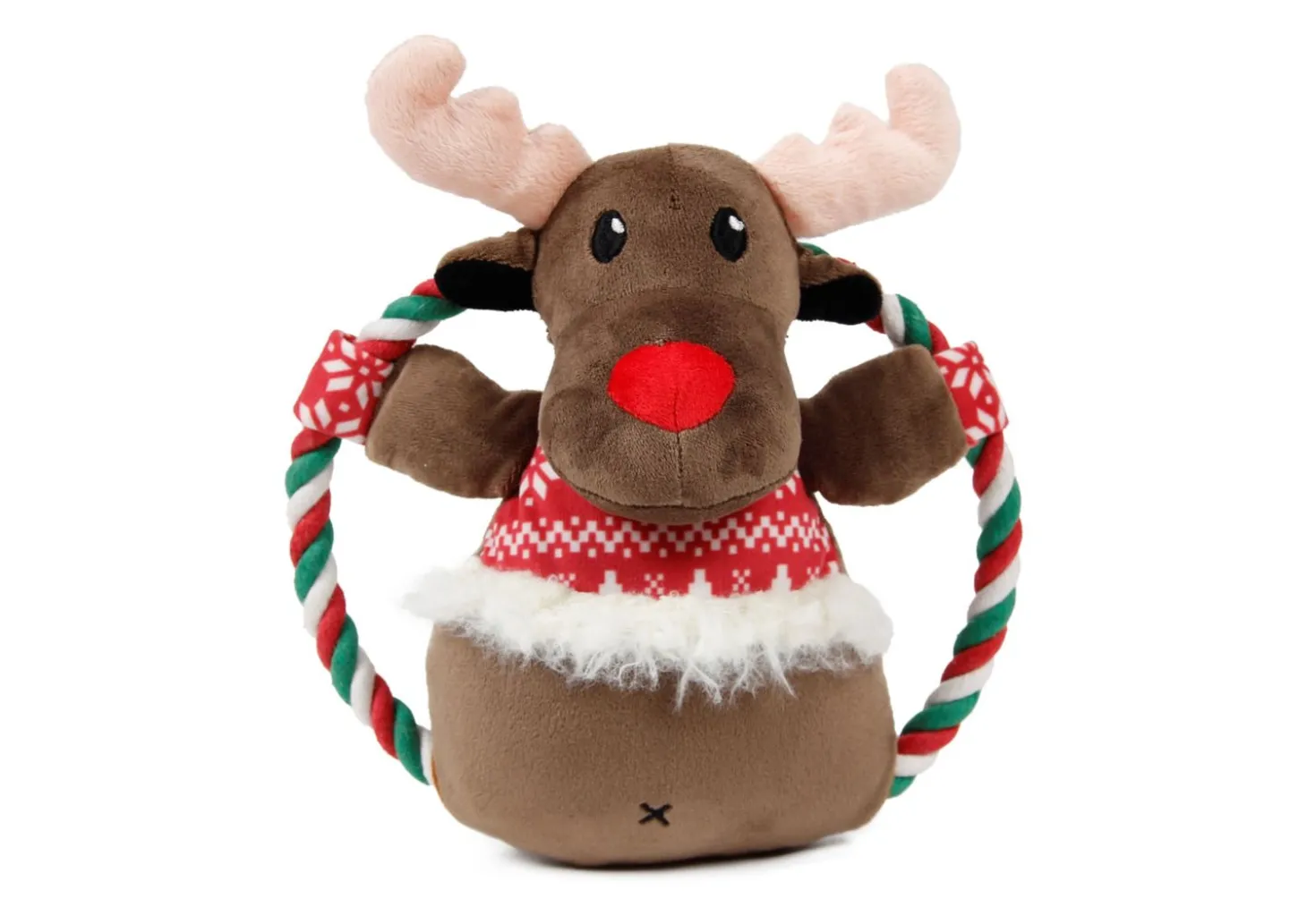 Homestyle Kerst Touw Rond Rendier - Hondenspeelgoed - 24x21 cm Bruin Rood Wit Kerst