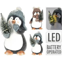 Homestyle Pinguin Met Boom En Led - Kerstversiering - 13x12x20 cm