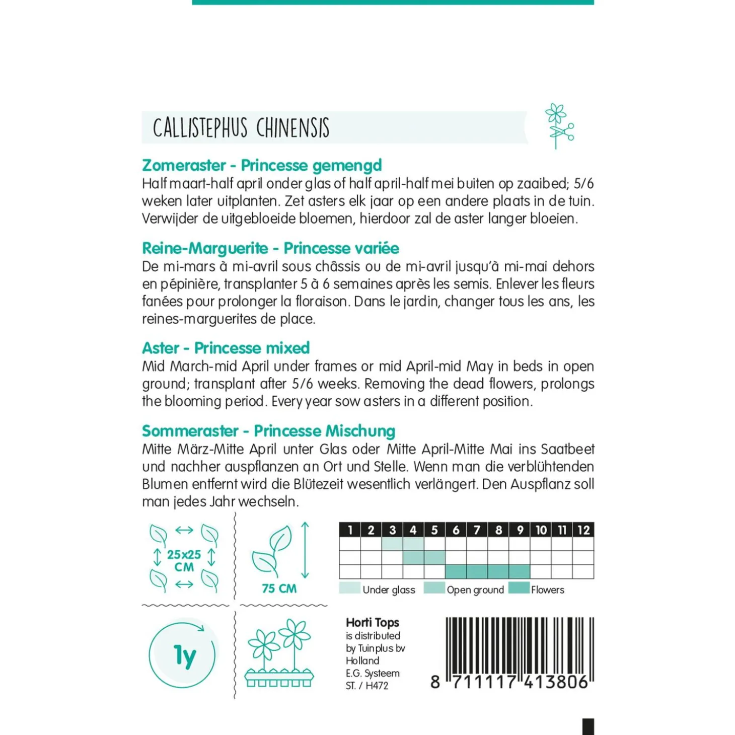 Hortitops Callistephus - Zomeraster Princesse Gemengd - Bloemenzaden - 750 mg