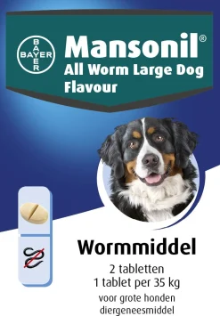 Mansonil All Worm Tablet Large Dog - Anti wormenmiddel - 2 tab Vanaf 10 Kg. 1 Tab Per 35 Kg Large