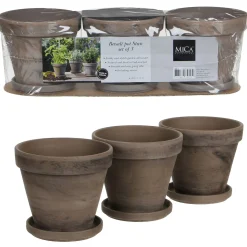 Mica Decorations Terracotta Pot Met Schotel Set Van 3 - Bloempotsets - 41x14x12 cm Grijs
