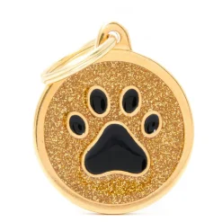 My Family Big Glitter Circle  Paw - ID Tag - Zwart