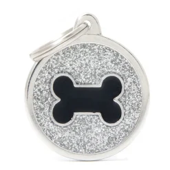 My Family Big Glitter Circle  Bone - ID Tag - Zwart