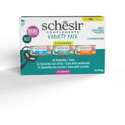 Schesir Complete In Bouillon - Kattenvoer - Tonijn Zeebrasem Wortel 6x70 g Variety Pack